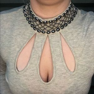 Jeweled Mock Turtleneck Cutout Top